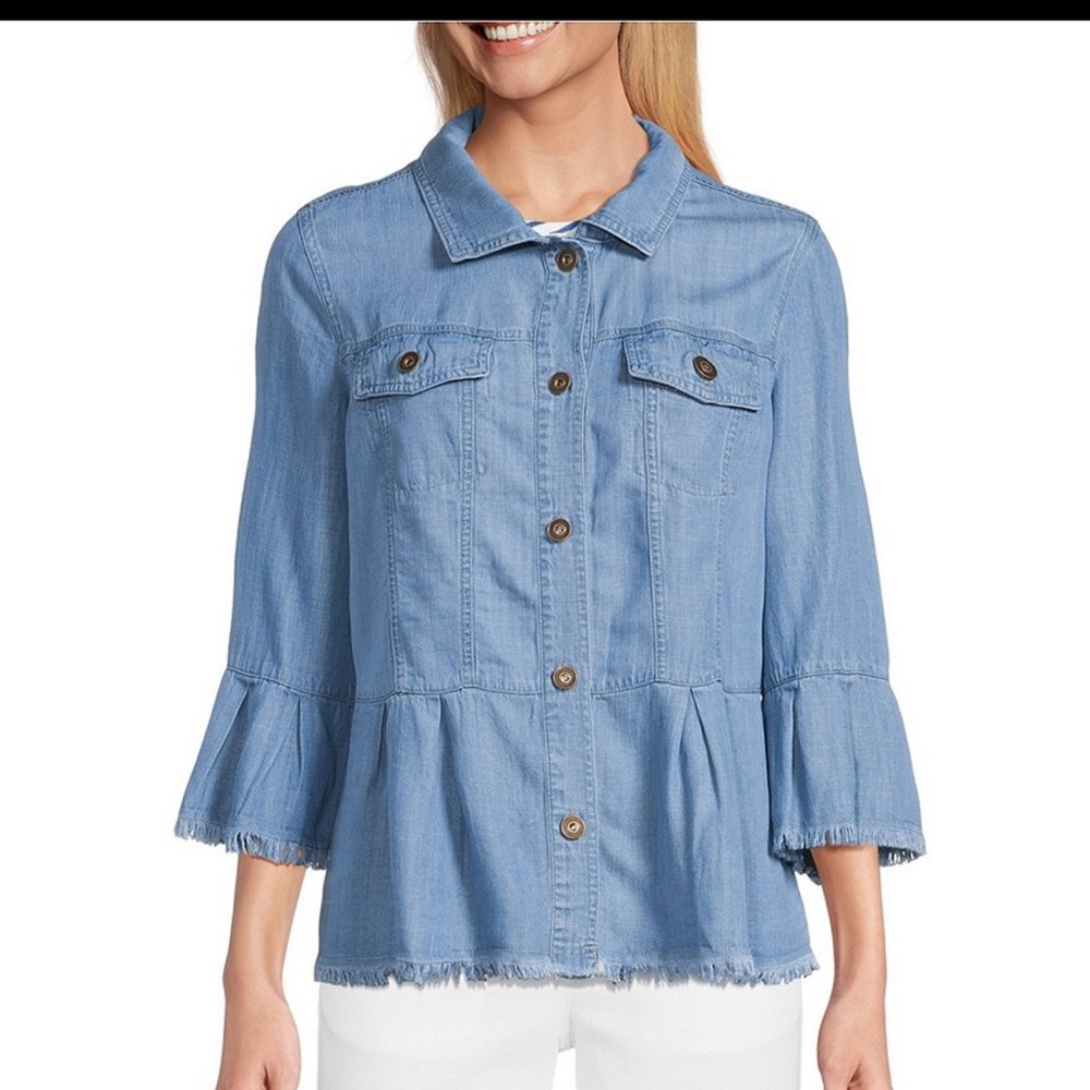 NWT Multiples Lyocell 3/4 Flounce Sleeve Button Front Jacket Sz Large - Picture 2 of 5